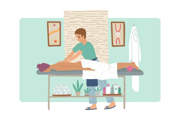 Masseur homme faisant massage à la fille, table de massage et armoire dans le salon de beauté spa. Illustration vectorielle — Image vectorielle