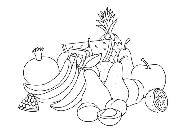 Фрукт. Натюрморт с различными фруктами, черные контуры для детского колорита, очерченный дизайн. Яблоки, груши, арбузы. Векторная черно-белая иллюстрация — стоковый вектор
