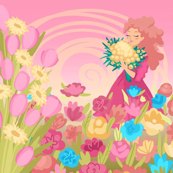 Porträt einer Frau mit einem Strauß, umherfliegende Blumen, sommerliche Gratulationskarte. Vektorillustration — Stockvektor