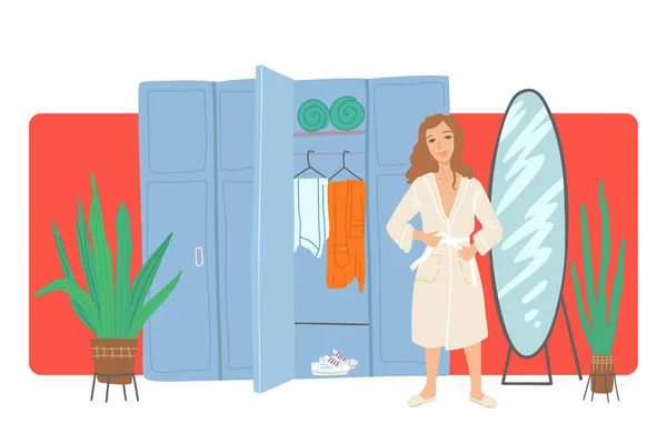 A nő fürdőköpenyt vesz fel az öltözőben lévő szekrények közelében. Spa, szépségszalon, masszázs előkészítés. Vektor fényes rajzfilm illusztráció — Stock Vector
