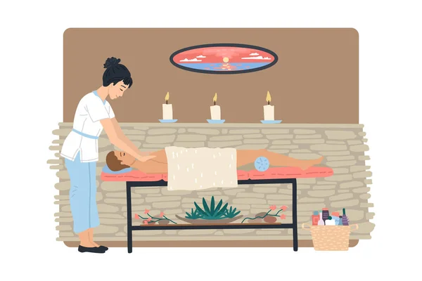 Masajista haciendo masaje al hombre, mesa de masaje y gabinete en el salón de belleza del spa. Ilustración vectorial — Vector de stock