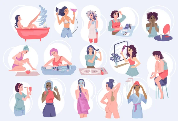 Cuidado del cuerpo y del cabello en casa. Rutina de mujeres. Auto cuidado, belleza femenina. Procedimientos cosméticos en el hogar. Cuerpo casero y autocuidado. Vector lindo plano ilustración de dibujos animados — Vector de stock