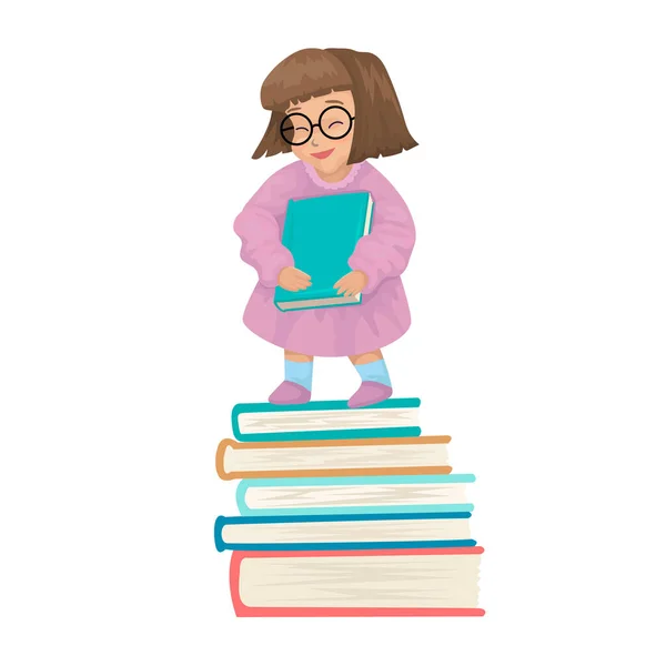 Fille tenant un livre, souriant, retournant à l'école, pile de livres, symbole d'étude. Objet isolé vectoriel sur fond blanc — Image vectorielle