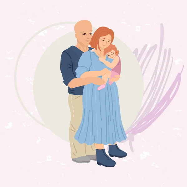Un ritratto di famiglia. Cittadinanza europea, padre e madre abbracciano il bambino, figlia tra le braccia. Illustrazione piatta del fumetto del vettore — Vettoriale Stock