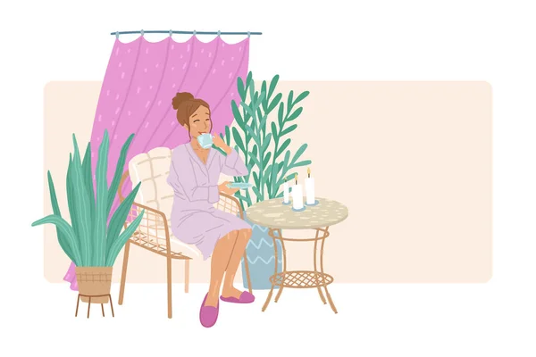 Egy nő fürdőköpenyben gyógyteát iszik egy wellness szalonban masszázs után, egy egészséges ital, asztal egy itallal, pihenés. Karakter- és bannertervezés, vektorrajz — Stock Vector