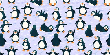 Penguenler farklı pozlarda. Çizgi film düz biçiminde vektör pürüzsüz desen.