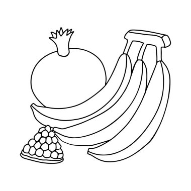 Muz ve nar var. Meyve toplayın. Siyah beyaz vektör çizimi. Çocuk boyama, çizim için nesneler