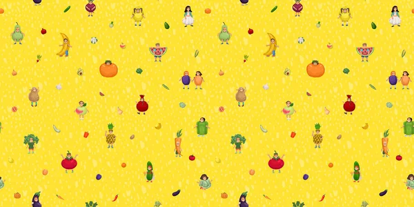 Діти в костюмах з фруктами та овочами безшовний візерунок, дизайн дітей, фруктовий карнавал, дитячий театр, фрукти, овочі та люди. Дитячий текстильний дизайн, безшовний векторний візерунок — стоковий вектор
