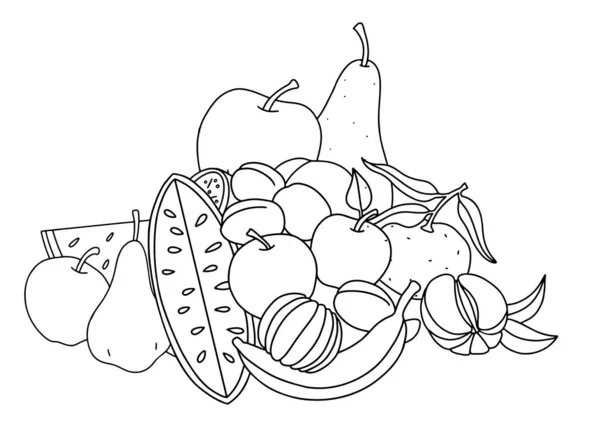 Des fruits. Nature morte avec différents fruits, contours noirs pour la coloration des enfants, design esquissé. Illustration vectorielle noir et blanc — Image vectorielle