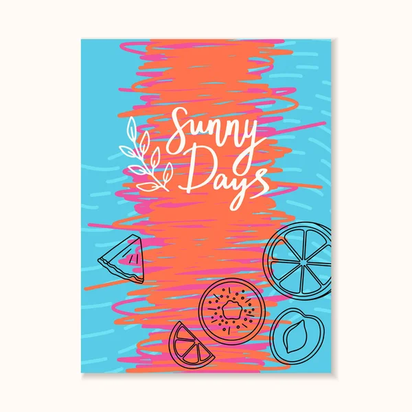 Zonnige dagen, zomer illustratie met fruit, schets doodle hand getekend illustratie, strepen. Omslag, ansichtkaart ontwerp, vectorillustratie — Stockvector