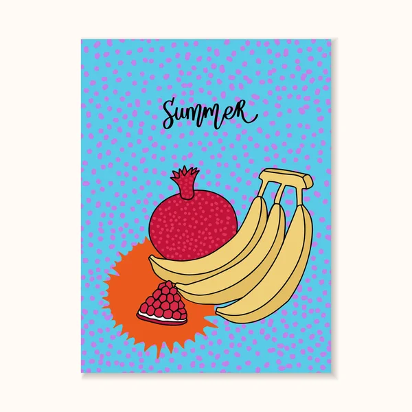 Zomer heldere kleur illustratie, kaart met fruit, banaan en granaatappel, vitaminen. Omslag of ansichtkaart ontwerp. Vectorillustratie — Stockvector
