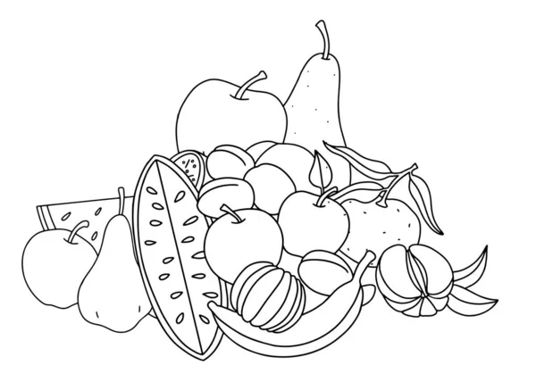 Фрукт. Натюрморт с различными фруктами, черные контуры для детей раскраски, очерченный дизайн. Векторная черно-белая иллюстрация — стоковый вектор