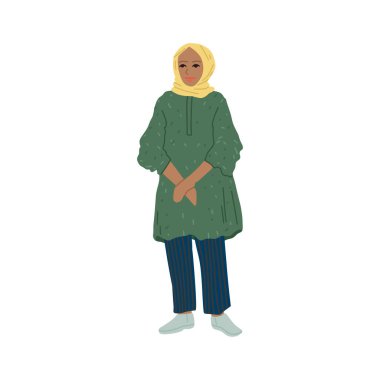 Arap modern kadın, kafasında başlık, portre ya da tamamen büyümüş bir kızın avatarı. Vektör çizgi film illüstrasyonu