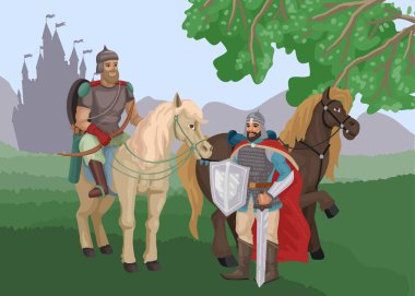 Warriors, knights on a horse, a halt in the forest, castle on the back, medieval wars, historical characters, vector drawing in cartoon flat style. vector