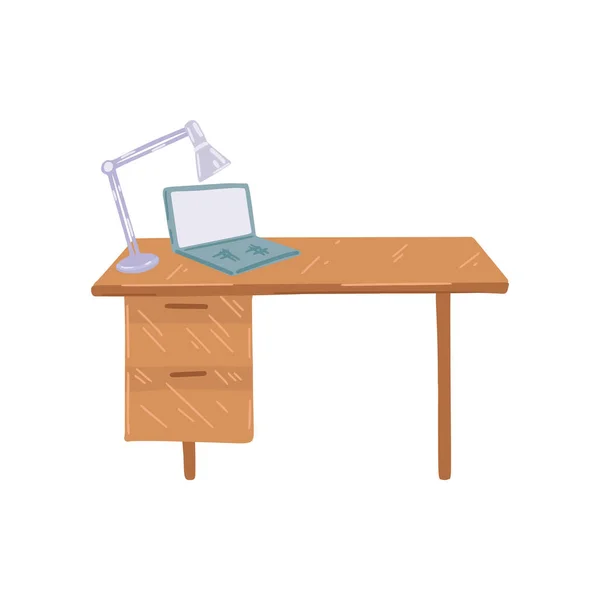 Mesa de madeira com laptop e lâmpada. Ilustração dos desenhos animados vetoriais — Vetor de Stock