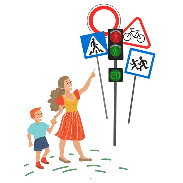 Mamma e bambino attraversano la strada, segnali stradali e semafori, insegnando ai bambini le regole di sicurezza sulla strada. Personaggi di schizzi vettoriali su sfondo bianco. — Vettoriale Stock