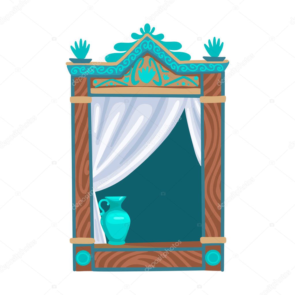 Retro window, wooden platbands, wood carving, building element. Vase on the window. Vector isolated illustration on a white background.