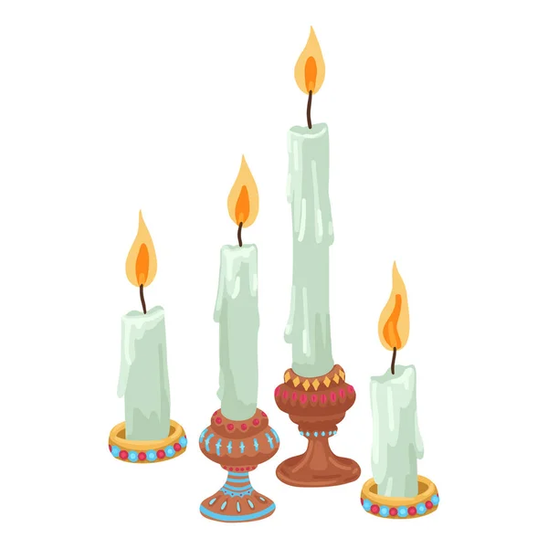 Hořící svíčky. Svíčky ve svícnech, pár svíček. Vektorové ploché ilustrace izolované na bílém pozadí. — Stockový vektor