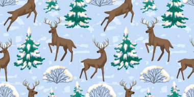 Kış illüstrasyonu, karlı bir ormanda orman hayvanı geyiği, ağaçlar ve karlı Noel ağaçları ile kusursuz desenler. Noel baskıları, tekstil ve kağıt tasarımı için doku ve arkaplan