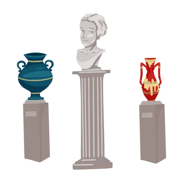 Antika vaser, en byst av ett mänskligt huvud, sevärdheter, ett museiföremål, antik skulptur, grekiska monument. Vektor illustration av objekt — Stock vektor