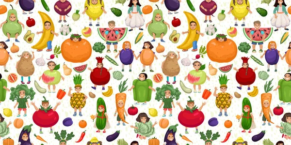 Παιδιά σε φρούτα και λαχανικά κοστούμια αδιάλειπτη μοτίβο, τα παιδιά σχεδιασμό, καρναβάλι φρούτων, παιδικό θέατρο, φρούτα και λαχανικά και τους ανθρώπους. Σχεδιασμός παιδικών υφασμάτων, χωρίς ραφή διανυσματικό μοτίβο — Διανυσματικό Αρχείο