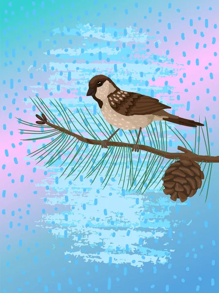 Veréb, tollas madár, egy fenyőfán ül. Vektor rajz rajzfilm illusztráció fehér háttér. — Stock Vector