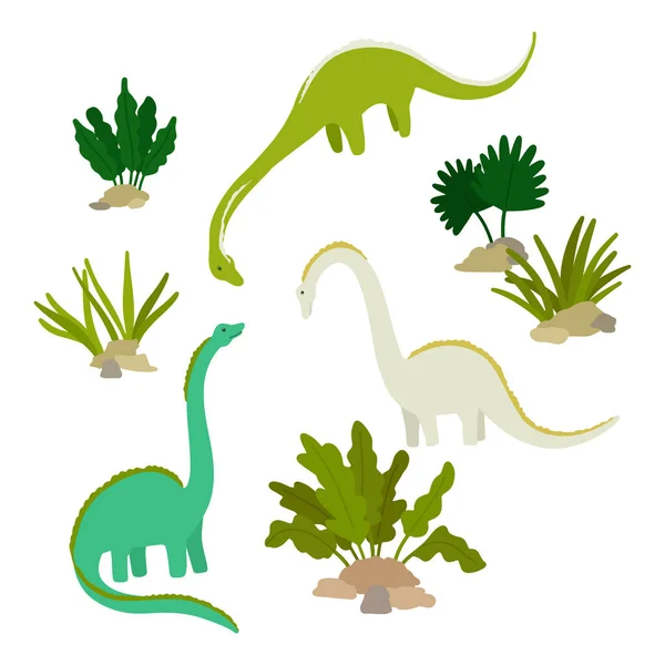 Dinosauri Brachiosaurus o Diplodocus. Mangiare piante camminare multicolore personaggi dei cartoni animati disegno di stampa per ragazzo vestiti vettoriale illustrazione — Vettoriale Stock