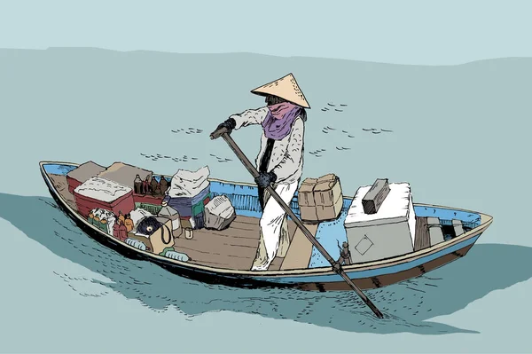 Seorang petani wanita di perahu di Laut Cina Selatan. Sketch. Vektor ilustrasi, lo-fi warna, gaya anime - Stok Vektor