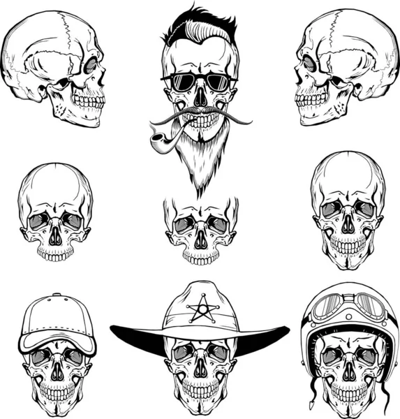 Conjunto de cráneos vectoriales, monograma, ilustración gráfica, vista lateral y frontal, clip art — Archivo Imágenes Vectoriales