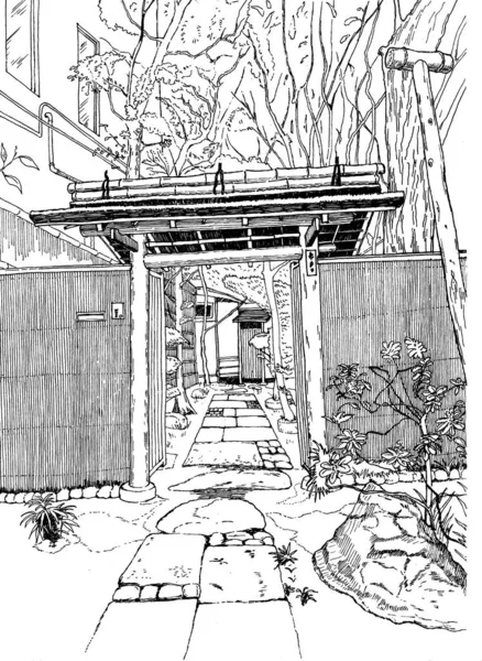 Gerbang ke Courtyard, Tokyo, sketsa, Jepang - Stok Vektor