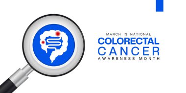 Mart, Ulusal Renkli Kanser Farkındalığı Ayı. Mide ve büyüteç. Kartlar, afişler, posterler, sosyal medya ve daha fazlası için harika. Beyaz arkaplan.