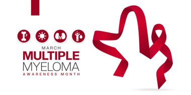 Mart, Ulusal Çoklu Myeloma Farkındalığı Ayı. Kemik, virüs, böbrek, insan ve kurdele. Kartlar, afişler, posterler, sosyal medya ve daha fazlası için harika. Beyaz arkaplan.