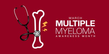Mart, Ulusal Çoklu Myeloma Farkındalığı Ayı. Steteskop ve kemik. Kartlar, afişler, posterler, sosyal medya ve daha fazlası için harika. Kırmızı arkaplan.