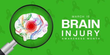Mart, ulusal beyin hasarı farkındalığı ayıdır. Beyin ve büyüteç. Kartlar, afişler, posterler, sosyal medya ve daha fazlası için harika. Yeşil arkaplan.