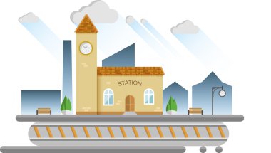 Küçük kasaba demiryolu İstasyonu düz vektör çizim