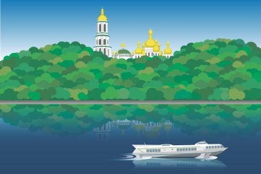 Kiev sağ yakasında illüstrasyon Manastırı nehir ve tekne ile
