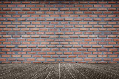 eski kırmızı tuğla duvar boş oda, Perspektif kahverengi ahşap zemin, görüntülemek veya ürünlerinizi sunmak için kullanılabilir, grafik tasarım için iç oda, filtreli görüntü