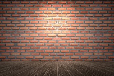 eski kırmızı tuğla duvar boş oda, Perspektif kahverengi ahşap zemin, yukarıdan spot ışık, görüntülemek için kullanılabilir veya ürünlerinizi sunmak, grafik tasarım için iç oda, filtrelenmiş görüntü