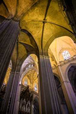 Karmaşık Gotik kemerleri ve vitray pencereleri olan Sevilla Katedrali 'nin içi altın ışıkla aydınlatılmış, inancı, zanaatkarlığı ve kutsal sanatın ihtişamını ifade eden