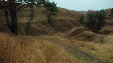 Manzaralı, ekstra statik bir çekim genç, şık bir çifti ve köpeğini sonbahar vadisindeki büyük, çimenli bir tepede bir patikadan inerken gösteriyor. Rakamlar, uçsuz bucaksız destansı manzaraya karşı küçüktür.