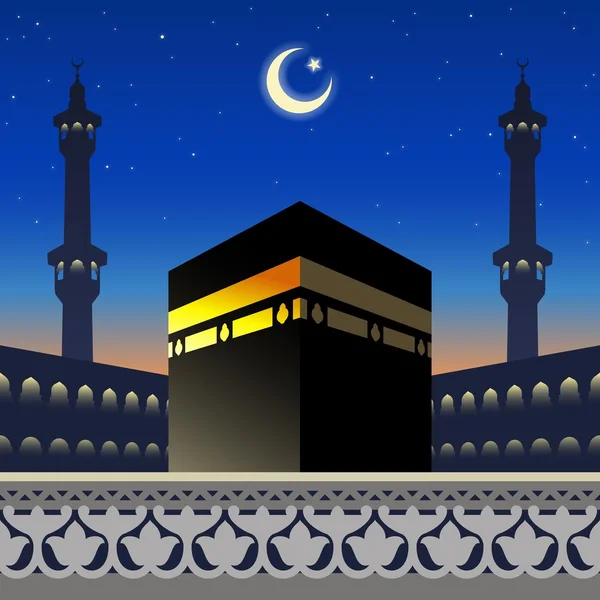 Ay ışığı Kâbe ve Camii siluet Arapça geometrik pıtırtı üstünde — Stok Vektör