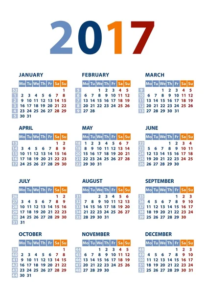 Šablona kalendáře 2017 vektor — Stock fotografie