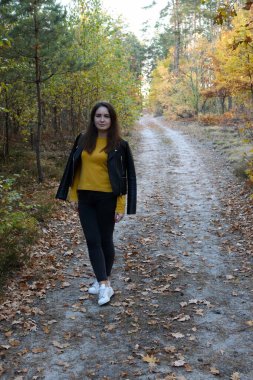 Sarı, yeşil ve turuncu yaprakların arasında sonbahar ormanı yolunda bir insan.