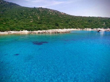 Turkuaz su, demir atmış bir yelkenli ve güneşli bir günde Bodrum sahilinde yeşil bir tepe.