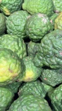 Engebeli yeşil tenli taze kaffir limonları yakın çekim. Yemek ve sağlık için egzotik narenciye meyvesi.