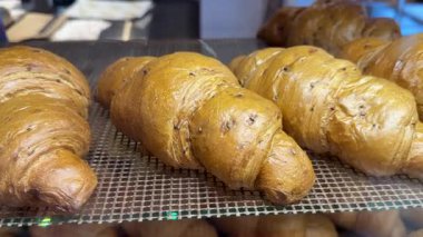 Bir pastane vitrininde kruvasanların yakın plan çekimi, altın kruvasanları reklam ve tasarım için iştah açıcı olarak kullanmak.