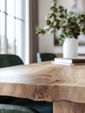 Katı ahşap bir masanın bulanık arka planı, kırsal bir kaplama, yeşil deri sandalyeler, ve büyük pencereli yeşil yapraklı bir vazo. Yapay zeka oluşturuldu