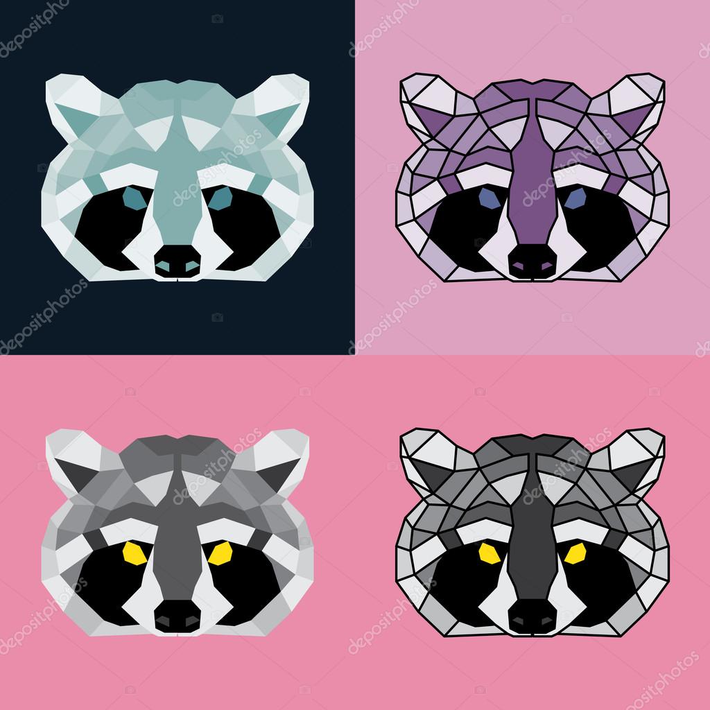 Low poly raccoon set. With and without lines