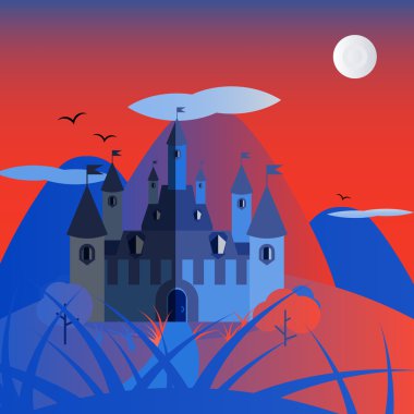 Turuncu ve mavi gece kale manzarası