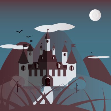 Mavi ve kırmızı gece kale manzarası